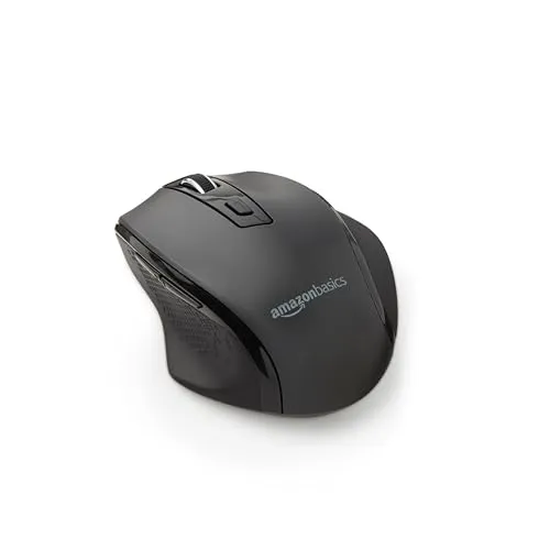 Amazon Basics Ergonomische kabellose USB Maus - DPI einstellbar - Schwarz - Ergonomische kabellose Maus mit einstellbarer DPI (600-3600) für individuelle Empfindlichkeit, ideal für komfortables Arbeiten und Navigation.