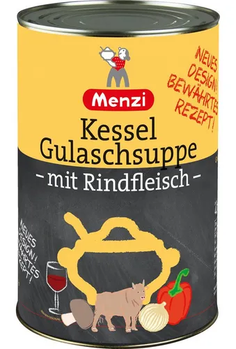 Menzi Kessel Gulaschsuppe mit Rindfleisch ungarisch 4200g 6er Pack - Herzhafte ungarische Gulaschsuppe mit zartem Rindfleisch und aromatischen Gewürzen. Ideal für eine schnelle Mahlzeit, die einfach zuzubereiten ist und den vollen Geschmack bietet.