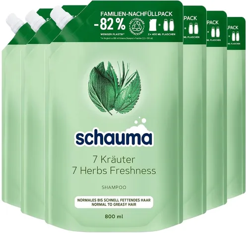 SCHWARZKOPF SCHAUMA 7 Kräuter Shampoo Nachfüllpack 6 x 800ml - Pflegendes 7 Kräuter Shampoo für frisches, voluminöses Haar. Vegane Formel, silikonfrei und mit 82% weniger Plastik im Vergleich zu Flaschen. Ideal für normales bis schnell fettendes Haar.