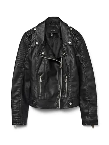 VERO MODA Damen Kunstleder-Jacke VMKerriultra Biker-Style - Funktionsjacken aus weichem Lederimitat, figurbetont mit asymmetrischem Reißverschluss und gesteppten Details für einen eleganten Look.