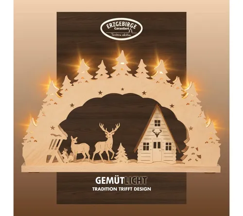 weigla Schwibbogen Erzgebirge LED Lichterbogen Weihnachten - Weihnachtsbeleuchtung mit 7 Lampen und einer Ersatzlampe, vereint traditionelle Holzkunst und modernes Design für eine festliche Atmosphäre.