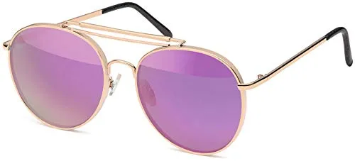 styleBREAKER Piloten Sonnenbrille mit dickem Metallrahmen, Doppel Metallsteg und Flachgläsern, Brille, Unisex 09020079, Farbe:Gestell Gold/Glas Pink verspiegelt