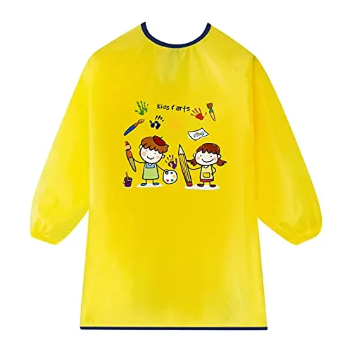 Jinlaili Malschürze Kinder Mit Langen Ärmeln, Wasserdicht Bastelschürze für Mädchen/Junge 3-8 Jahre, Schürze für Schule Malerei Basteln Malen Backen Kochen (Gelb)