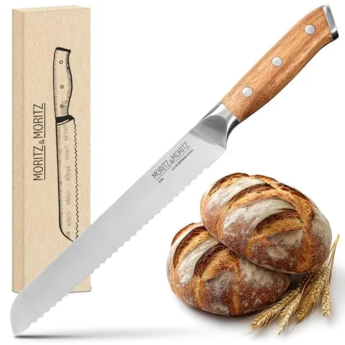 Moritz & Moritz Brotmesser 20 cm - Profi Brotschneidemesser mit Wellenschliff - Brotmesser für knusprige Brote, schneidet mühelos durch jede Kruste. Hochwertiger deutscher Messerstahl und ergonomischer Akazienholzgriff für sicheres und präzises Schneiden.