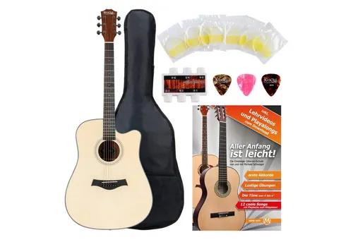 Rocktile Westerngitarre WSD-101C NT Akustikgitarre Starter Set, Starter Set, inkl. Tasche, Plektren, Ersatz-Saiten, Stimmpfeife & Gitarrenschule, Dreadnought mit Cutaway - Boden & Zarge: Sapele