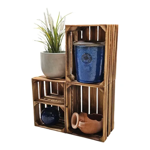 Holzkisten Obstkisten 3er Set, geflammt - Regale & Aufbewahrung, stapelbar und ideal für die Aufbewahrung von Obst, Weinflaschen oder als dekorative Ablage im Landhausstil.