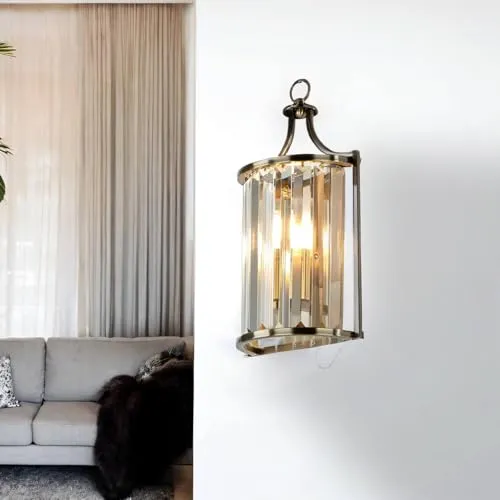 Licht-Erlebnisse Wandlampe ADRIAN Messing Antik - Art Déco Wandlampe mit klaren Prismen, eleganter Antik-Finish, ideal für kleine Räume und individuelle Lichtgestaltung.