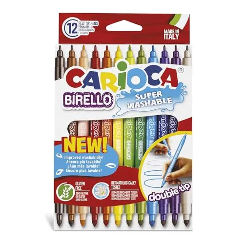 CARIOCA Dual Tip Birello Marker, 12er-Box, feine Spitze 2,6 mm und mittlere Spitze 4,7 mm, super auswaschbare ungiftige Tinte, langlebig, glutenfrei, hergestellt in Italien (Box mit 12 Stiften)