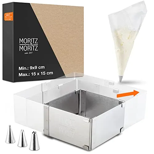 Moritz & Moritz Backrahmen Rechteckig Verstellbar 9cm bis 15cm – Edelstahl Backform Eckig mit Backzubehör – Mit 10 Spritzbeuteln und 3 Aufsätzen