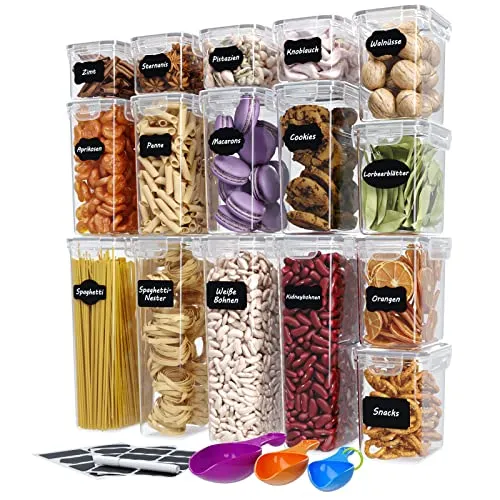 WELLGRO Vorratsdosen Set 16-tlg. mit Etiketten und Messlöffeln - Vorratsdosen-Set aus BPA-freiem Kunststoff, luftdicht und spülmaschinengeeignet. Perfekte Aufbewahrung für Lebensmittel mit 24 Etiketten und Kreidestift für einfache Beschriftung.