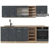 Vicco Küchenzeile R-Line, Schwarz Beton/Goldkraft Eiche, 240 cm - Küchenzeilen mit ergonomischen höhenverstellbaren Füßen für komfortables Arbeiten. Flexibel anpassbar und ideal für stilvolle Küchen!