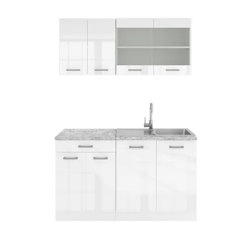 Vicco Küchenzeile R-Line, 140 cm, Weiß Hochglanz mit Marmor-Außenfläche - Küchenzeilen für kleine Räume, kompakt und flexibel, höhenverstellbare Füße für ergonomisches Arbeiten und modulare Erweiterungsmöglichkeiten.