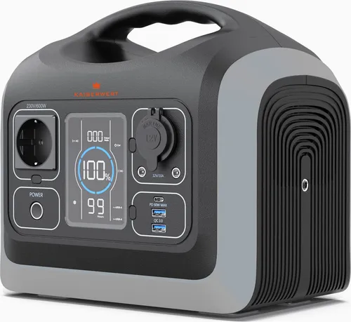 KAISERWERT Power Station 600W - Tragbarer Stromgenerator - Solarspeicher mit 595,2Wh Kapazität, ideal für Camping und Notstromversorgung. Langlebige LiFePO4-Batterien und 7 Anschlüsse für vielseitiges Laden.