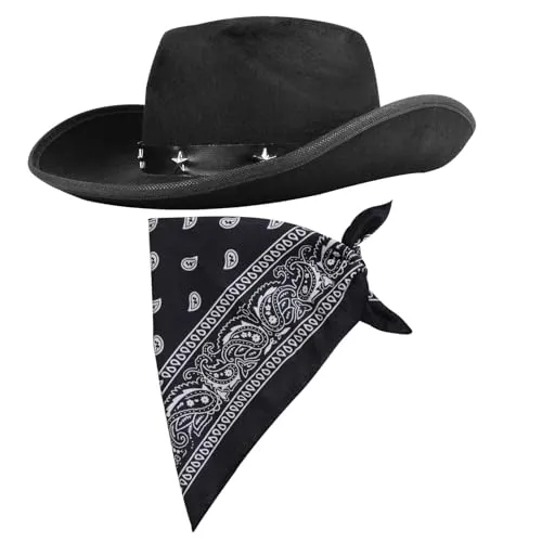 COLOFALLA Cowboyhut Damen Cowgril Hut Schwarz Karneval Hut Schwarz Stern mit Halstuch Cowgirl Kostümzubehör Partyhut Partyhalstuch Accessoires Cowboy Hut für Karneval Fasching JGA Urlaub Frau