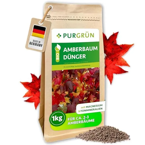 Purgrün Bio Amberbaum Dünger, NPK 6+3+8, 1 kg - Pflanzendünger für Amberbäume – Organisch-mineralische Formel mit 2 % Magnesium für kräftiges Wachstum und optimale Blattfärbung. Ideal für gesunde Pflanzen und humusreiche Böden.