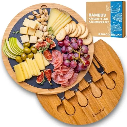 Bambus Käsebrett mit Käsemesser Set und Schieferplatte - Servierbrett aus Holz, drehbar und nachhaltig, ideal für stilvolles Servieren von Käse und Appetithäppchen für bis zu 3 Gäste.