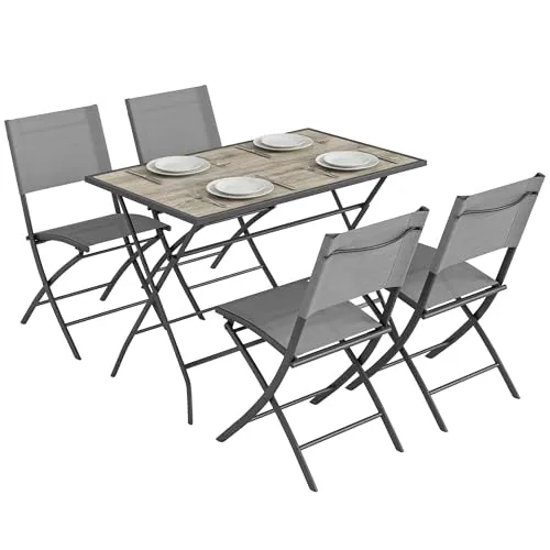 Gartenmöbel Set Klappbar 5-teilig mit Tisch und 4 Stühlen in Holzoptik - Modernes, klappbares Gartenmöbel Set für bis zu 4 Personen. Wetterbeständig und platzsparend, ideal für den Außenbereich.