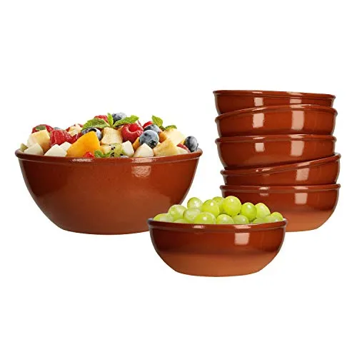 MamboCat Servier-Schüssel Tonware I Tonschale I 7er Set I 6X Größe S + 1x L I Mediterrane Schale I Glasiert I Unikat Handarbeit I Antike/Vintage I Mittelalter I Wikinger
