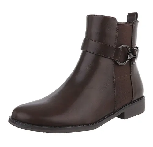Ital-Design Elegante Damen-Stiefelette mit Schnalle - Wanderschuhe mit Blockabsatz, ideal für stilvolle Outdoor-Aktivitäten, bequem und modisch in Braun.