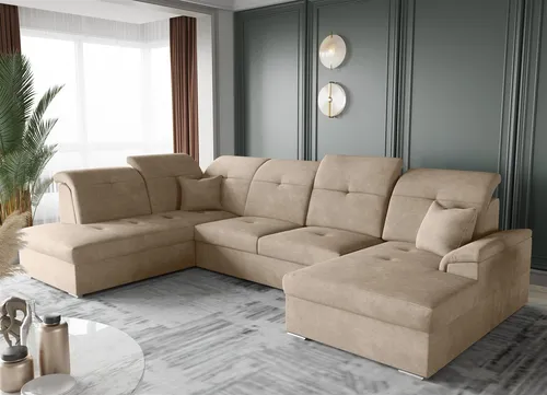 FREJA Wohnlandschaft Schlafsofa Cappuccino - Moderne Wohnlandschaft mit Schlaffunktion und Bettkasten. Sie bietet Platz für mehr als 5 Personen und überzeugt durch ein elegantes Design in Cappuccino. Inklusive 2 Zierkissen und einstellbaren Kopfstützen.