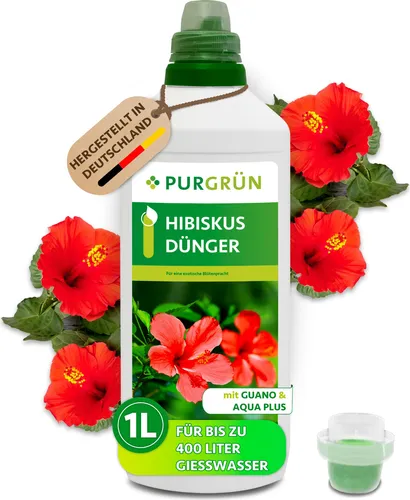 Purgrün Hibiskus Dünger, NPK 8+8+6, 1 Liter - Blumendünger für Hibiskus, fördert prächtige Blüten und kräftiges Wachstum durch Guano und Aqua Plus für optimale Wasserverteilung.