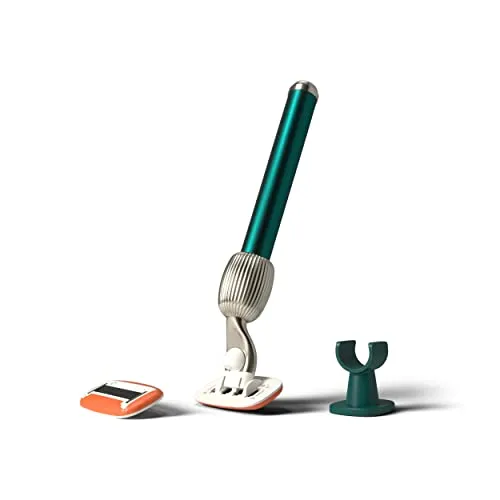Fler The Razor Starter Set – Damenrasierer mit Austauschbaren Rasierköpfen, Rasierer mit Halterung und 2 Ersatzklingen, Unisex-Rasierer, Rasierklingen mit Aloe Vera, Vitamin E, Pine Green
