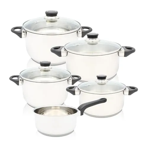 Set Apollo 5/9 tlg. Edelstahl - Hochwertiges Topfset - Kochtöpfe aus rostfreiem Edelstahl, ideal für gesundes Kochen; beinhaltet Bratentöpfe und Fleischtöpfe mit Glasdeckeln in verschiedenen Größen.