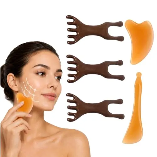 Stück Lymphbürsten Gesicht, Lymphdrainage Bürste, Gua Sha Bürste Set | Kunststoff, konturiertes 5-teiliges Massage-Set für Kinn, Kiefer, Hals, Kopfhaut, Beauty-Routine, Zuhause und Reise 5
