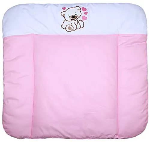 Wickelauflage mit Applikation - Bärchen mit Herzen Rosa - Wickeltischauflage Baby Auflage (70 x 70 cm)