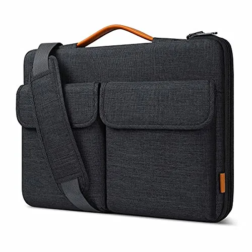 Inateck 14 Zoll Laptop-Hülle mit 360° Schutz - Gerätehülle mit abnehmbarem und verstellbarem Schultergurt, ideal für sicheren Transport und stilvollen Schutz in Schwarzgrau.