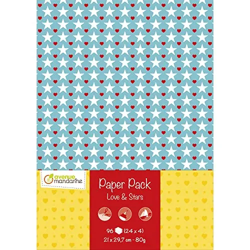 MY MANDARINE CC057C - Packung Paper Pack, 96 Blatt DIN A4 80g (24 Designs x4), Liebe & Sterne, 1 Pack