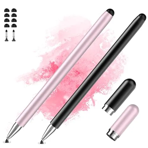 2er-Pack Tablet-Stift für alle Touchscreen-Tablets-kompatibel mit iPad, Android, Surface, Smartphone, 2-in-1-Präzisionsscheibenspitze und Silikonspitze, Kein Aufladen erforderlich, Schwarz + Roségold
