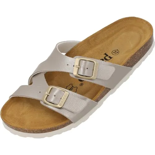 Palado Pantoletten Damen Arrila - bequeme Sandalen Made in Spain - Hausschuhe mit Kork-Fußbett - modische Sommerschuhe Beige Metallic UK8 - EU41