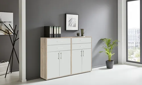 BMG Möbel Aktenschrank Tabor Set 17 - Moderne Bürolösung mit Metallgriffen - Büroschrank in Eiche Sonoma/Weiß Matt, mit 4 großen Schubladen und variablen Einlegeböden. Hergestellt in Deutschland, pflegeleicht und ideal für eine stilvolle Büroorganisation.