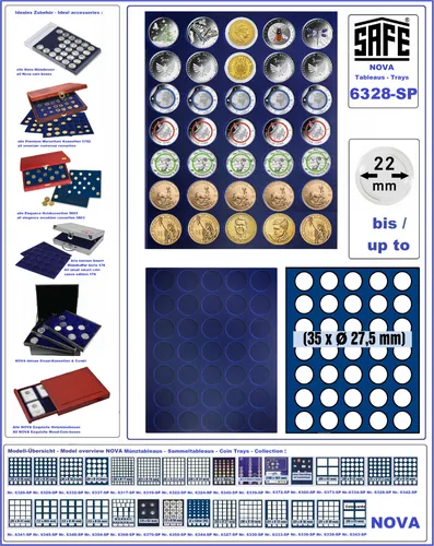 SAFE Münztableaus 6328-SP blaue Velourseinlagen 35 runde Fächer 27,5 mm