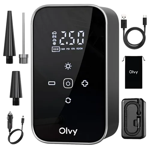 Olvy Elektrische Luftpumpe mit Powerbank 6000 mAh – 12V Mini Kompressor für Auto, Fahrrad, Bälle, Luftmatratze, Display, LED, automatische Abschaltung