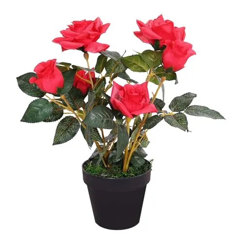 Decovego Künstliche Rose Rosenstock 40 cm, Kunstpflanze mit roten Blüten, Pflegeleichte Dekopflanze für Innenräume