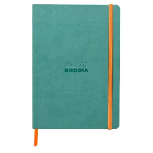 Rhodia 117443C - Notizheft Softcover Rhodiarama DIN A5 (14,8x21 cm), 80 Blatt, liniert Clairefontaine Papier Elfenbein 90g Lesezeichen, Gummizugverschluss, Cover aus Kunstleder Aquablau, 1 Stück