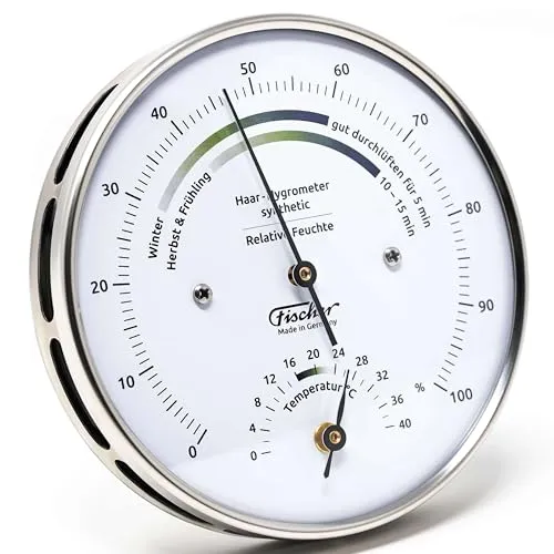 Fischer 122.01HT - Wohnklima-Hygrometer und Raum-Thermometer - 103mm Edelstahl-Luftfeuchtigkeitsmesser - Made in Germany