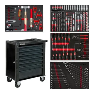 STIER Werkstattwagen 241-teilig mit Schutzvorrichtung - Werkzeugschrank mit 241 hochwertigen Werkzeugen, ergonomisch und stabil. Ideal für jede Werkstatt, mobil und mit zentraler Verriegelung für Sicherheit.