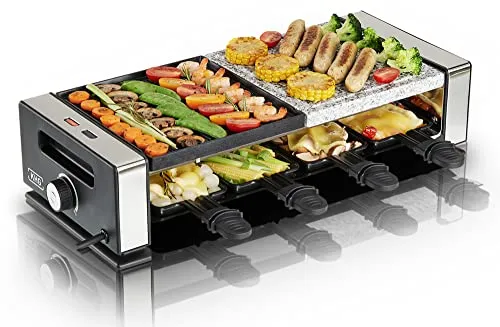 KHG Raclette-Grill RG-1200G - Raclette-Grill für 8 Personen mit Naturgrillstein und Wendegussplatte, ideal für gesellige Abende. Genießen Sie vielseitige Gerichte dank Antihaftfläche und stufenlosem Temperaturregler.