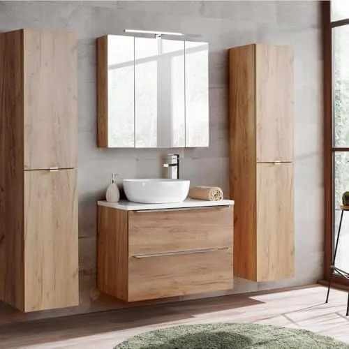 Lomadox Badmöbel-Set TOSKANA-56, 4-teilig mit Keramik-Aufsatzwaschbecken - Modernes Badmöbel-Set in Wotaneiche und Hochglanz weiß, inklusive Soft-Close-Funktion und LED-Spiegelschrank für stilvolle Badezimmergestaltung.