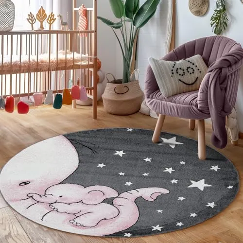 Carpettex Kinderteppich Elefant Design Pink 120 cm Rund - Kurzflor Teppich Kinderzimmer für Mädchen und Jungen Pflegeleicht Weich - Waschbarer Spielteppich Babyteppich Gaming Teppich Babyzimmer