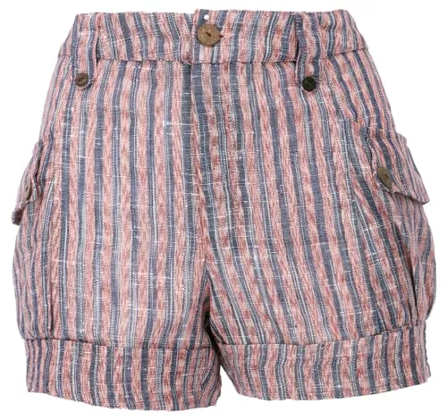 GURU SHOP Shorts Boho-chic, Kurze Khadi Hose - Blau/rosa Gestreift, Damen, Size:XL