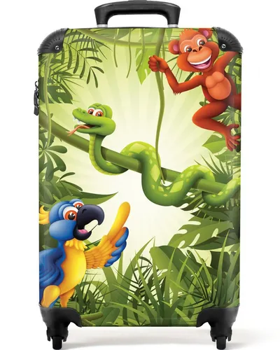 NoBoringSuitcases.com Kinderkoffer Dschungel - Tiere - Grün - Handgepäck Koffer (55x35x20cm) mit fröhlichem Dschungel-Motiv, 36L Stauraum, 4 wendige Rollen und leichtes Design mit nur 2,6kg für stressfreies Reisen.