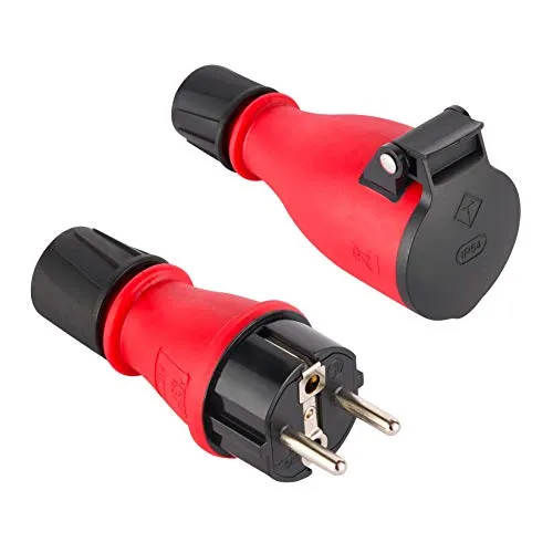 Electraline 92383 Packung mit 1 Gummi-Stecker + 1 Schuko-Steckdose IP54, mit automatischer Federabdeckung für den Freihandbetrieb, Rot/Schwarz