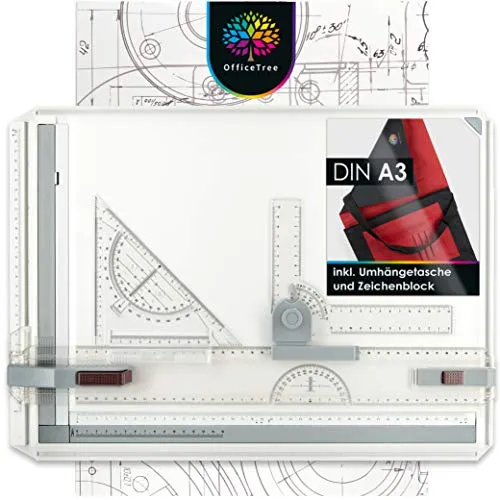 OfficeTree Zeichenplatte A3 - Präzisions-Zeichenbrett mit Tragetasche - Zeichenbretter & Zeichenplatten – Profi A3 Zeichenplatte mit 7-teiligem Zubehör für exaktes Arbeiten, ergonomisches Design und höchste Maßgenauigkeit.