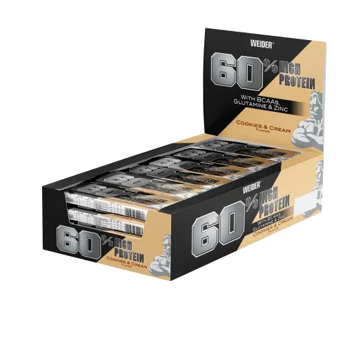 Weider 60% Proteinriegel - Cookies & Cream - Proteinriegel mit 27g Protein pro Riegel, nur 0,3g Zucker. Ideal für Muskelwachstum und Regeneration, angereichert mit BCAAs und Zink für optimale Leistung.