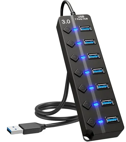 7-Port USB Hub 3.0 – USB Verteiler Multiport Adapter mit EIN/AUS Schalter und LED Anzeigen – USB Hub Splitter fur PC, Laptop, MacBook, USB Stick, Externe Festplatten und mehr
