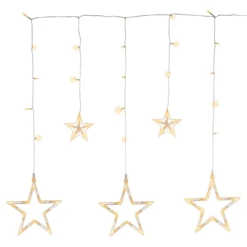 Nipach Sternen-Vorhang mit 61 LED - Warmweiß - 8 Funktionen - Batteriebetriebener Lichtervorhang mit 1,60 m Länge für Innen und Außen. Mit 3 großen und 2 kleinen Sternen, Fernbedienung und Timer-Funktion. IP44 geprüft für sicheres Stimmungslicht.